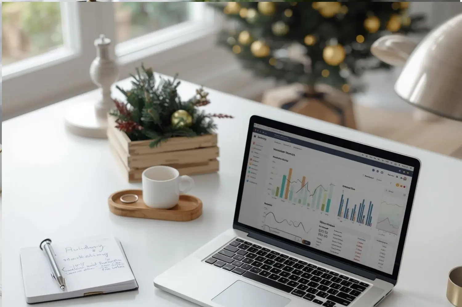 Notebook na stole a vianočné dekorácie