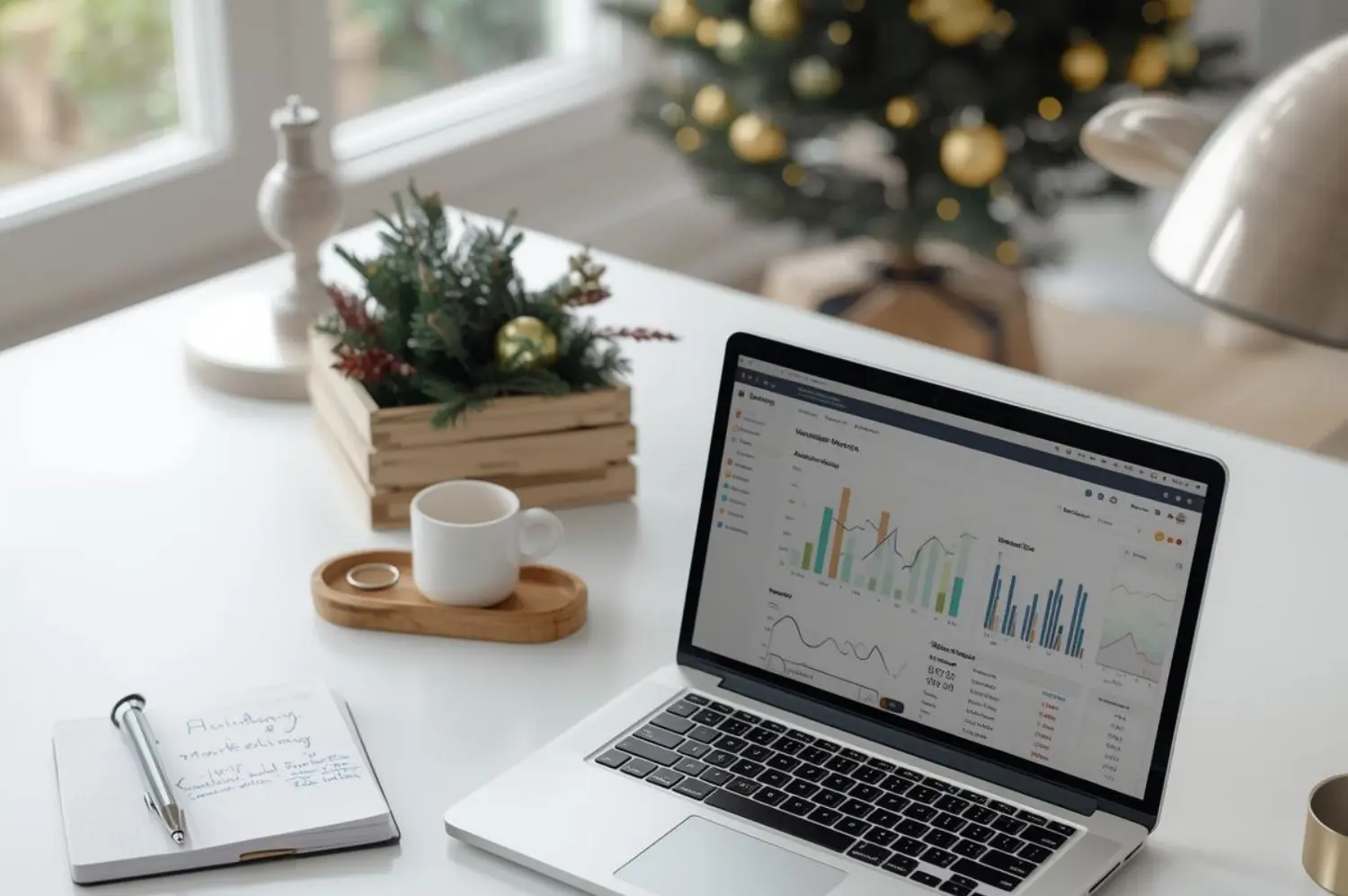 Notebook na stole a vianočné dekorácie