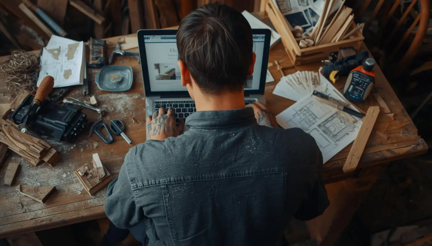 Pohľad zozadu na remeselníka pri pracovnom stole, plánujúceho web na notebooku