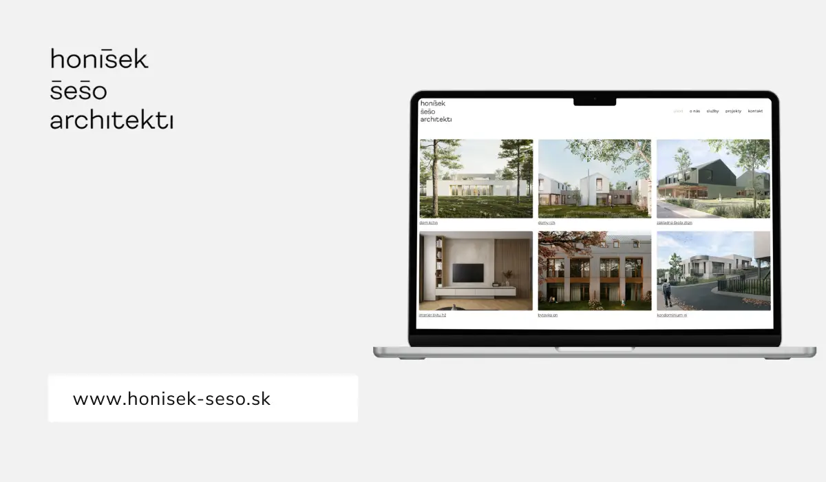 Web honisek-seso.sk s minimalistickým dizajnom a sekciou referencií architektonických realizácií