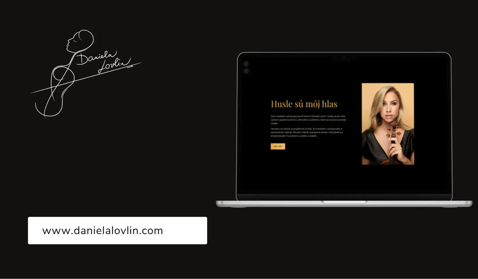 Web danielalovlin.com s minimalistickým dizajnom a prezentáciou hudobnej tvorby huslistky
